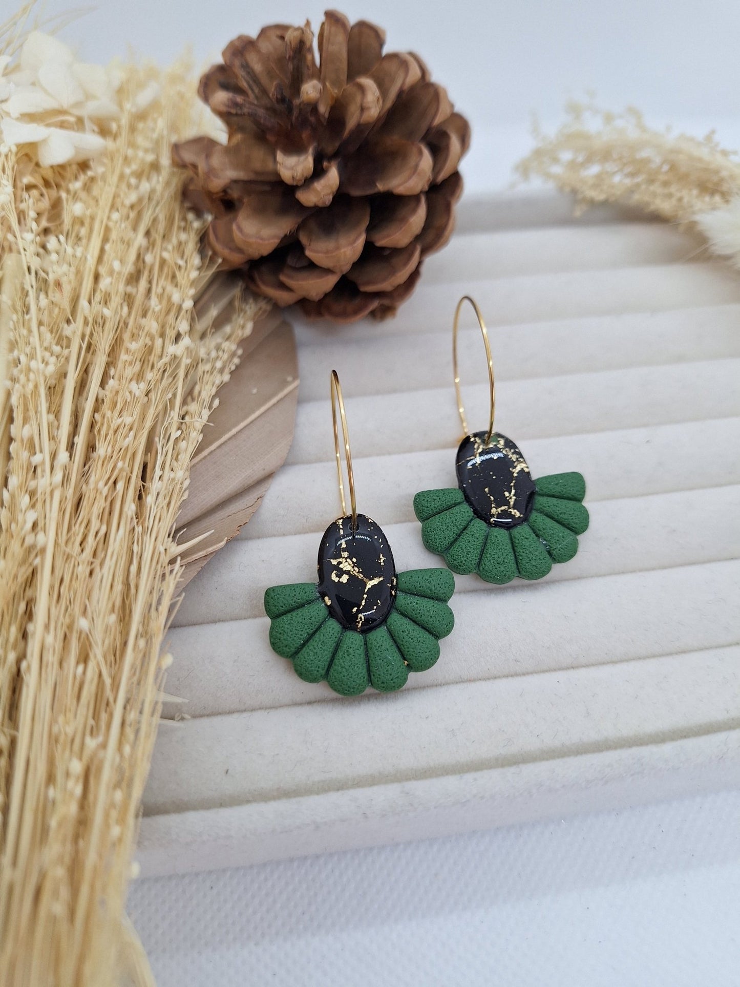 Boucle d'oreille - LIZA - Vert/Noir/Doré - Mille et Douces Créations